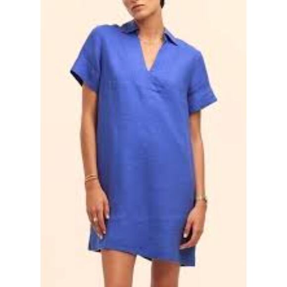 MADEWELL Linen Shirt Dress S NWT Blue Star V-Neck NEW Shift Pockets NQ627 - Picture 1 of 5
